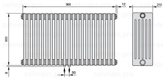 Схема (чертеж) Радиатор Zehnder Charleston 6090/21 №3470 Белый глянцевый RAL 9016
